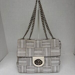 Alma Tonutti Italy Woven Shoulder Bag White Taupe Chain Strap Turn Lock Handbag